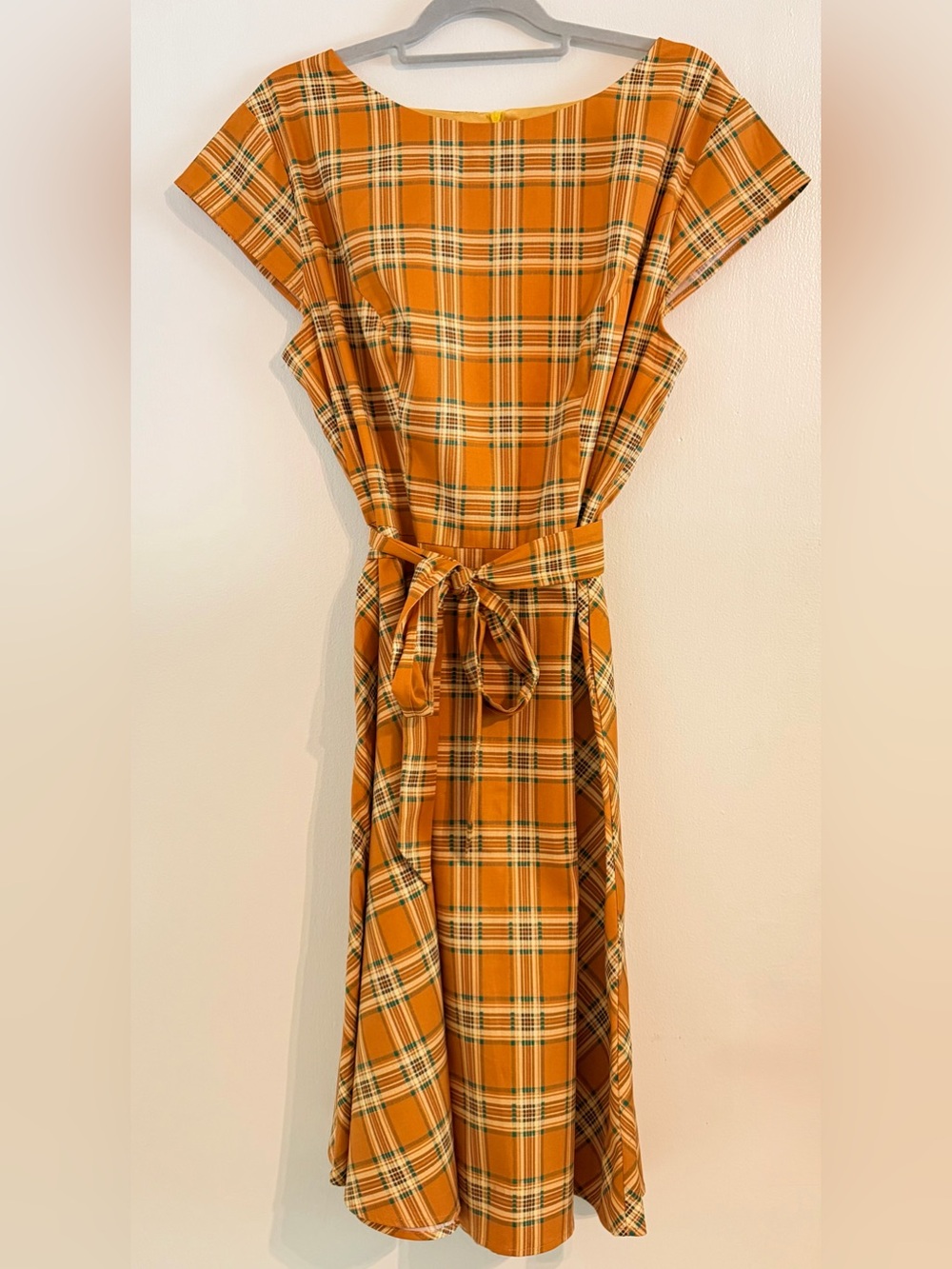 PUKAVT 3XL Orange Plaid Fit & Flare Belted Cotton Dress